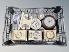Six quartz mantel timepieces and an oak barometer