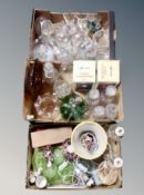 Three boxes of 20th century crystal decanters, table lighters, Imari tea china, ornaments,