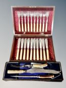 A mahogany canteen of silver plated and faux ivory handled fish cutlery,