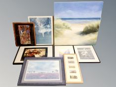 A group of pictures and prints, unframed oil on canvas, beach sand dune print,