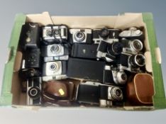A collection of vintage cameras, Ilford, Kodak Duoflex II, Benchini Comet S,