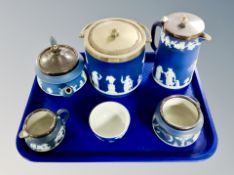 Six piece of Wedgwood blue and white Jasperware, biscuit barrel,
