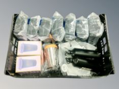 A box of sports bottles, travel cups,