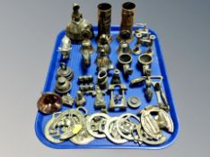 A collection of brass ware, horse brasses, bottle opener, table bell, vases,