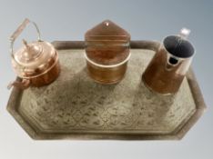 An Indian octagonal engraved brass tray together with a Victorian copper tea pot,