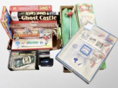 A box of games and models including Burago Jaguar E Cabriole 1961, Match-play golf game in box,