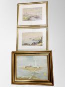 Two J Hampshire watercolour coastal landscapes together with a further oil painting of St Mary's