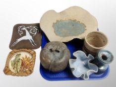 A group of Scandinavian studio pottery wares, fruit bowl, tankard, candlestick,