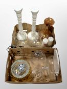 Two boxes of glass cloche, glass shades, pair of contemporary pricket candlesticks and candles,