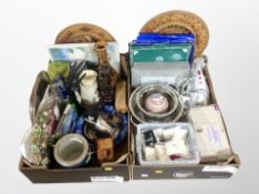 Two boxes of collector's plates, household electricals, costume jewellery,