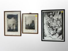 A B Steffens signed print and two further monochrome etchings