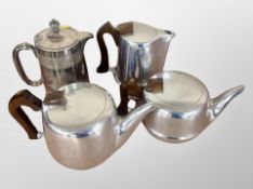 A Picquot ware three piece tea service and further silver plated teapot