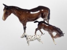 Two Beswick brown gloss horses and a further Dalmation