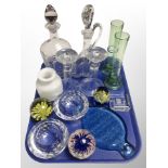 A group of Scandinavian glass ware, paperweights, tea light bowls, pair of candlesticks,