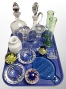 A group of Scandinavian glass ware, paperweights, tea light bowls, pair of candlesticks,