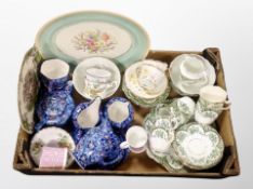 A box of Ringtons chintz tea ware, late Victorian green and gilt china,