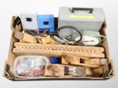 A box of assorted tools, three wooden wood working planes, Salter scale,
