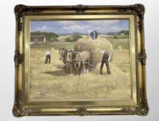 A contemporary oil on canvas depicting figures at work in a hay field, 49 cm x 39 cm,