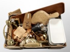 A box of treen items, wooden bellows, brass light fitting,