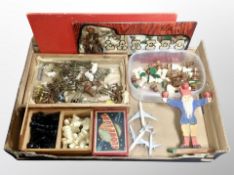 A box of boxwood chess set, plastic farm animals, chess set, painted figure,