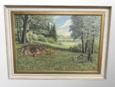 H W Sorensen (Danish) : Foxes in grassy landscape, oil on canvas,