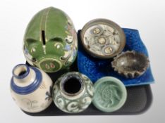 A group of Scandinavian studio pottery wares, money bank, turqoiuse glazed bowl,