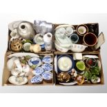 Four boxes containing Scandinavian ceramics, kitchen wares, crock pots, silvered vase,