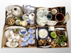 Four boxes containing Scandinavian ceramics, kitchen wares, crock pots, silvered vase,