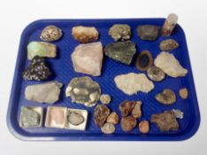 A collection of gemstone specimens, sea shells,