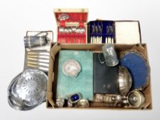 A box of silver plated wares, cased cutlery, swing handled basket, salver,