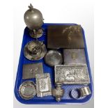 A group of silver plated wares, teak lined cigarette box, trinket boxes,