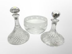 Two lead crystal ships decanters and a frosted glass fruit bowl decorated with pheasants