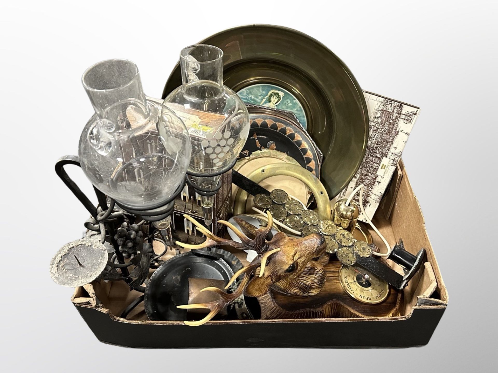 A box of Scandinavian light fittings, barometer,