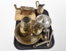 A tray of Scandinavian brass vase, bowl, silver plated dish and cover, pair of nut crackers,