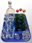 A group of Scandinavian glass ware, Holmegaard paperweight, decanter,