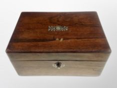 A Victorian rosewood jewellery box containing a collection of costume jewellery, faux pearls,
