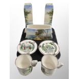 A transfer printed three piece ceramic mantle garniture together with a pair of Crown Devon