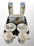 A transfer printed three piece ceramic mantle garniture together with a pair of Crown Devon