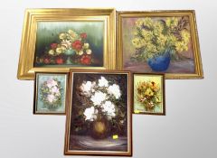 Five contemporary still life oil paintings,