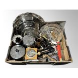 A box of silver plated and stainless steel wares, cutlery, salvers, coffee grinder,