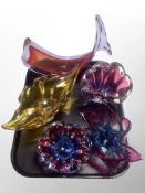 Five pieces of coloured studio glass