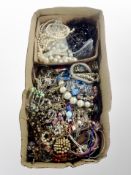 A box of costume jewellery, faux pearls,