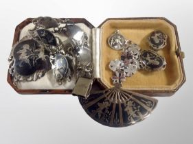 A group and silver and niello jewellery including panel bracelet, pendant, brooch, earrings etc,