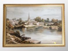 R Latham : River landscape with town beyond, oil on canvas,