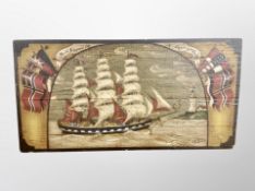 A nautical style panel depicting a tall masted ship,