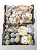 Two boxes of Ringtons chintz mugs, porcelain trinket boxes, further ornaments, Aynsley vases,