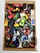 A box of play-worn die cast vehicles, vintage and later Corgi,