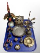 A group of metal wares, antique Tibetan Varja bell, brass menorah,