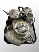 A group of silver plated wares, salver, teapot, salt,