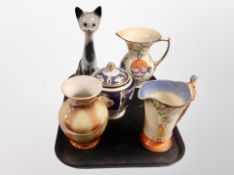 A Beswick lustre vase, Beswick Art Deco vase, pottery cat figure,